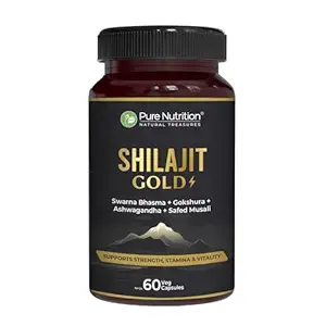 Pure Nutrition Shilajit Gold 60 Veg Capsules with Kaunch Beej, Ashwagandha, Safed Musli, Gokhru & Shatavari for Energy, Strength, Stamina & Performance | Premium Ayurvedic Supplement for Men