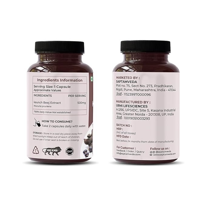 Saptamveda Natural Kaunch Beej Extract - 500mg 60 Veg Capsules (Pack of 1) | Kapikachhu Mucuna Pruriens Dietary Supplement for Men & Women - Image 5
