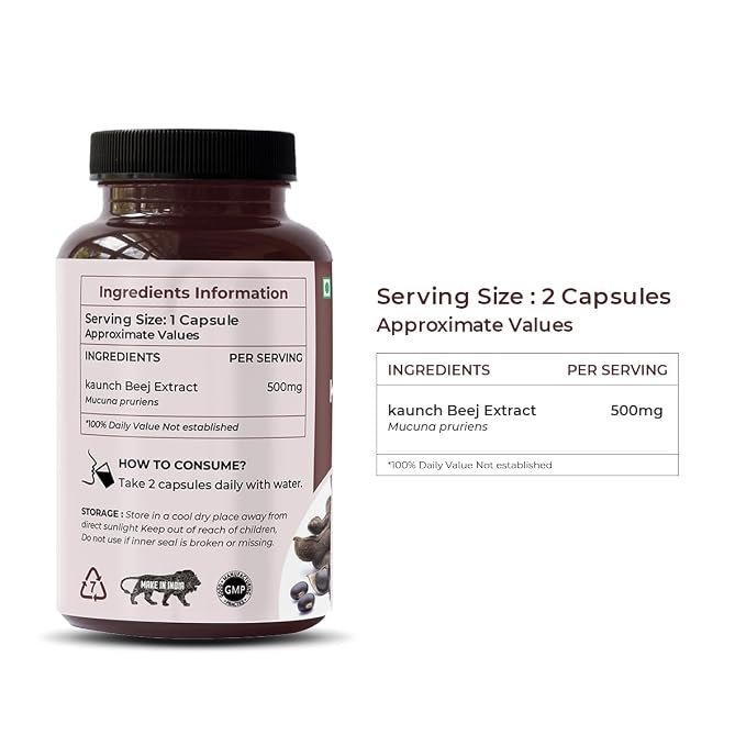 Saptamveda Natural Kaunch Beej Extract - 500mg 60 Veg Capsules (Pack of 1) | Kapikachhu Mucuna Pruriens Dietary Supplement for Men & Women - Image 4