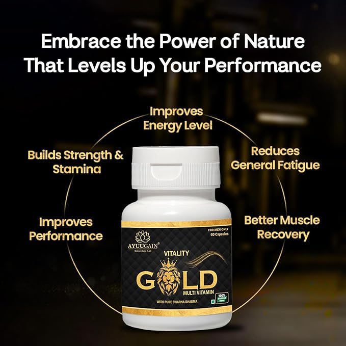 AYUUGAIN Vitality Gold Capsule for Men with Swarna Bhasma, Shilajeet, Safed Musli, Akarkara, Makardhwaj, Jund Bedastar, Konch Beej| Overall Health Booster Ayurvedic Stamina Supplement for Men -60Caps - Image 3