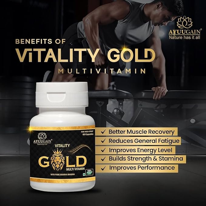 AYUUGAIN Vitality Gold Capsule for Men with Swarna Bhasma, Shilajeet, Safed Musli, Akarkara, Makardhwaj, Jund Bedastar, Konch Beej| Overall Health Booster Ayurvedic Stamina Supplement for Men -60Caps - Image 4