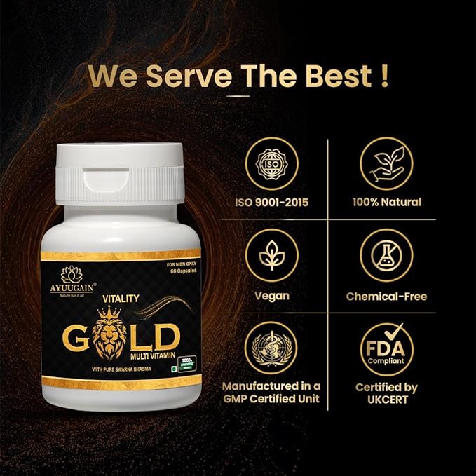 AYUUGAIN Vitality Gold Capsule for Men with Swarna Bhasma, Shilajeet, Safed Musli, Akarkara, Makardhwaj, Jund Bedastar, Konch Beej| Overall Health Booster Ayurvedic Stamina Supplement for Men -60Caps - Image 5
