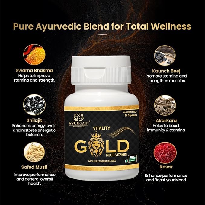 AYUUGAIN Vitality Gold Capsule for Men with Swarna Bhasma, Shilajeet, Safed Musli, Akarkara, Makardhwaj, Jund Bedastar, Konch Beej| Overall Health Booster Ayurvedic Stamina Supplement for Men -60Caps - Image 6