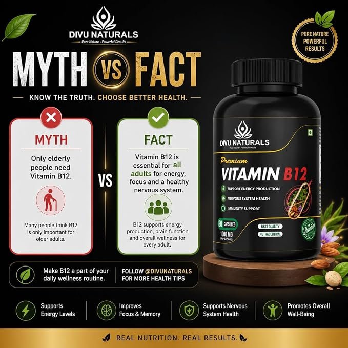 Vitamin B12 Capsules | Supports Energy Metabolism, Nerve Health & Red Blood Cell Formation | Vegetarian Capsules | Daily Wellness Supplement | Pack of 2 (60 Capsules Each) - Image 3