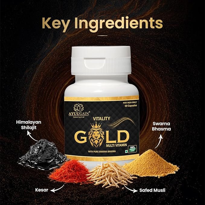 AYUUGAIN Vitality Gold Capsule for Men with Swarna Bhasma, Shilajeet, Safed Musli, Akarkara, Makardhwaj, Jund Bedastar, Konch Beej| Overall Health Booster Ayurvedic Stamina Supplement for Men -60Caps - Image 2