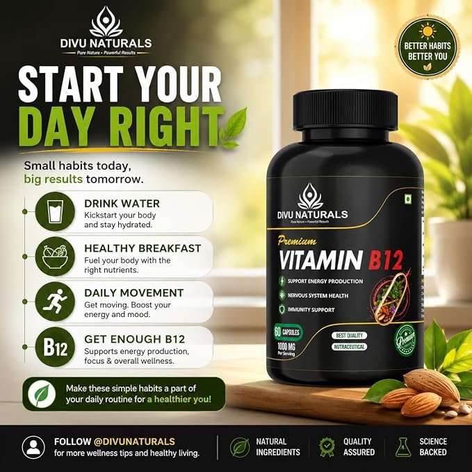 Vitamin B12 Capsules | Supports Energy Metabolism, Nerve Health & Red Blood Cell Formation | Vegetarian Capsules | Daily Wellness Supplement | Pack of 2 (60 Capsules Each) - Image 4