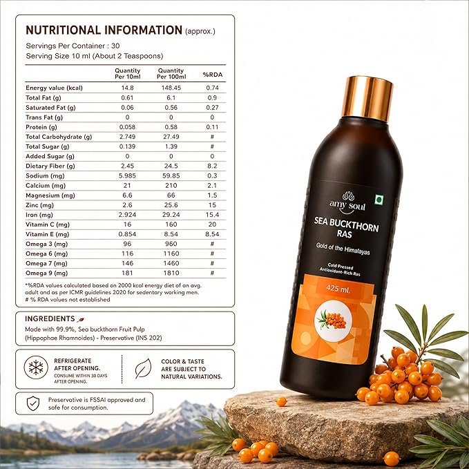 Sea Buckthorn Juice 425ml | Natural Wellness Drink with Vitamin C, Omega 3 6 7 9 & Antioxidants | Sea Buckthorn Ras for Immunity Support, Skin & Hair Wellness, Energy & Digestion | Dark Glass Bottle | No Added Preservatives - Image 3