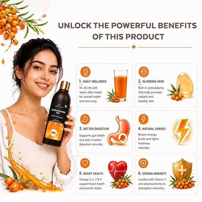 Sea Buckthorn Juice 425ml | Natural Wellness Drink with Vitamin C, Omega 3 6 7 9 & Antioxidants | Sea Buckthorn Ras for Immunity Support, Skin & Hair Wellness, Energy & Digestion | Dark Glass Bottle | No Added Preservatives - Image 4